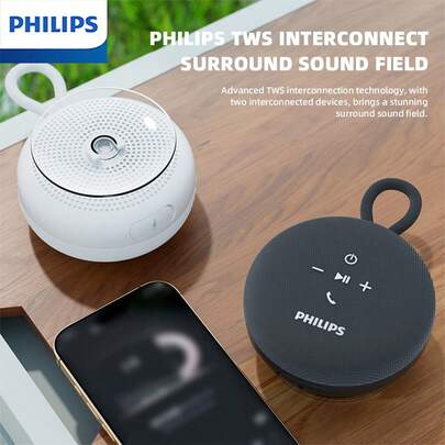  Philips TAS1120 Portable Bluetooth Speaker, Sleep Sound Box, 6-8H Playtime, Type-C Charging, Suction Cup, Hanging Strap, Phone Holder, TWS Stereo Pairing, Suitable For Bathroom, Home, Outdoor, Sports, Bicycle, Hiking, Black/Grey/Orange
