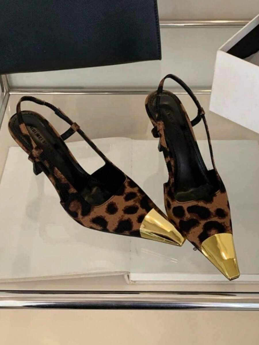 Giày sandal mũi vuông ánh kim họa tiết da báo, giày cao gót đế mỏng dễ xỏ cho nữ, giày bít mũi thanh lịch đa năng. - màu nâu - Xem 1