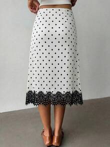 Saia midi feminina de renda preta com bolinhas, sem elasticidade, estilo vintage elegante para deslocamento, encontro, escritório, casual, uso diário e festa (YY1303) - Branco - Ver 2