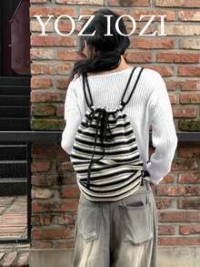 Back To School Korean Style Casual Oversized Capacity College Backpack, Striped Fashion Student Backpack, Niche Design For University & High School, Versatile Commute & Outdoor Bag - Black - View 4