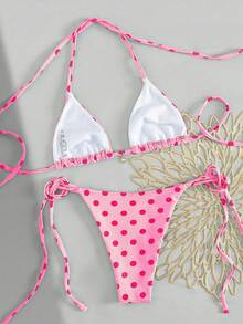 ROMWE Avant 新盛源 2026 2件套/套 新年、情人节服装，女士性感休闲可爱蓝绿色波点挂脖三角系带比基尼套装，中等弹力面料，欧美时尚，侧系带女士下装，度假海滩和游泳池，海边沙滩派对比基尼套装，夏季阳光沙滩装，冬季温泉泳衣泳裤。 - 彩色 - 查看 2