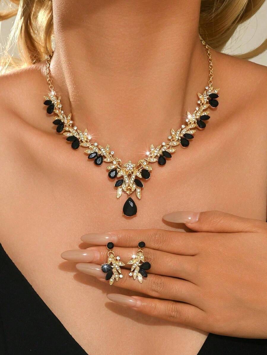 一套时尚欧美风首饰套装，包含一条项链和一副耳环，女士婚礼首饰，适合日常、宴会、派对佩戴/节日礼物 - 首飾套裝 - 查看 1