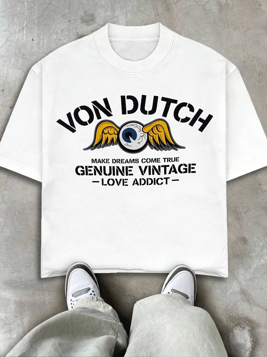 Von Dutch Men's Washed Vintage Crew Neck T-Shirt, 100% Cotton, 230g, Features A Winged Eye Print For A Vintage, Distressed Look. Suitable For Everyday Commuting, Street Style, Music Festivals, And Gatherings With Friends, It's An Ideal Choice For American Streetwear And Summer Wear. It Also Makes A Wonderful Easter Or Valentine's Day Gift For Your Boyfriend. - White - View 1
