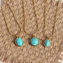 1pc Minimalist Versatile Asymmetrical 3D Malachite Turquoise Necklace, 18K Gold Plated Stainless Steel Choker, Suitable For Women's Daily And Party Wear - Yellow Gold - View 3