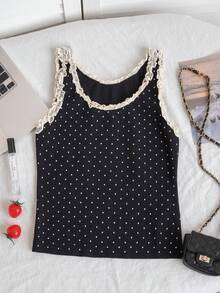 Áo tank top dệt kim không tay ôm sát, phối ren và chấm bi tương phản dành cho nữ, thích hợp cho mùa hè. - màu đen - Xem 9
