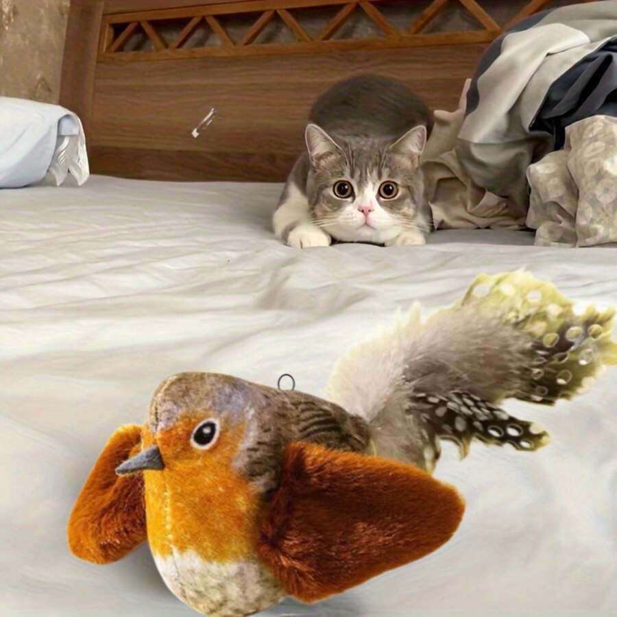 1个逗猫棒玩具，鸟形猫玩具，互动式扑翼猫玩具，鸣叫鸟猫玩具，模拟麻雀叫声互动猫玩具