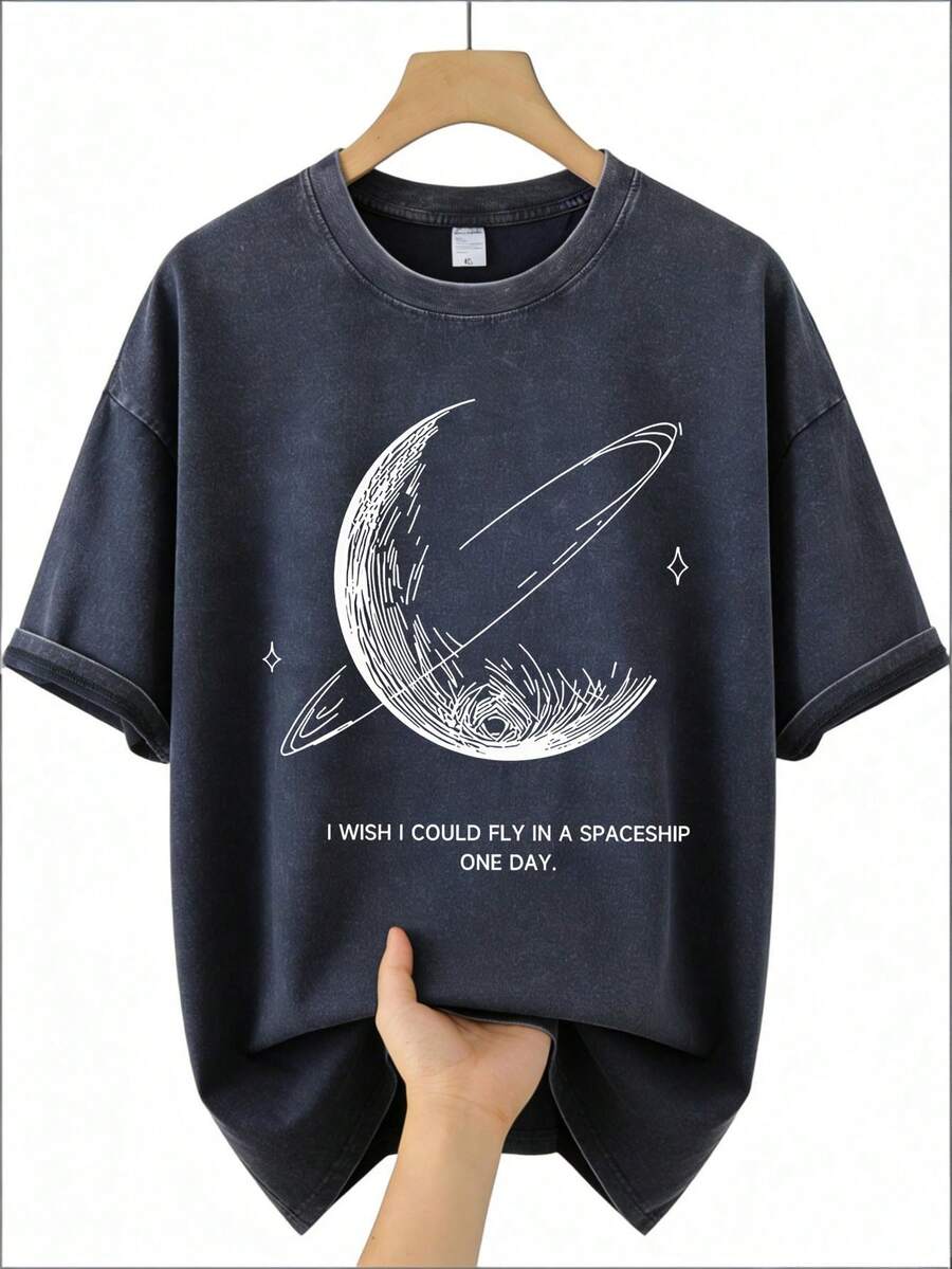 Men's Dark Gray Space Pattern T-Shirt-Saturn And Star Print-Soft And Low-Elastic T-Shirt-Essential For Everyday Wear-Machine Washable In All Seasons. - Blue 02 - View 1