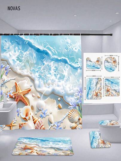 1/3/4pcs Beach Starfish And Seashell Print Shower Curtain Set For Bathroom, Dreamy Waves Beach Motif Washable Polyester Fabric Waterproof Wear Bathroom Deccor Accessories,With 12 Hooks - Includes Toilet Seat Cover, Bath Mats, And Rug,Perfect For Home/Bedroom/ Living Room/Household Items/ Summer
