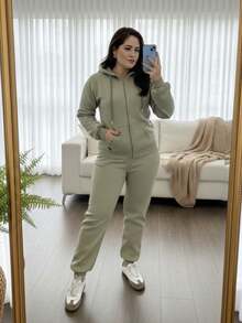 Women's Winter Tracksuit Set: Jacket With Zipper And Hood, Casual Jogger Pants. Comfortable, Warm, And Stylish. Sporty Look, Gym, Travel, Everyday Wear. - 綠色 - 查看 4