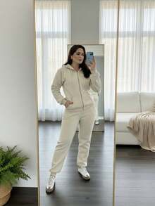 Women's Winter Tracksuit Set: Jacket With Zipper And Hood, Casual Jogger Pants. Comfortable, Warm, And Stylish. Sporty Look, Gym, Travel, Everyday Wear. - 冰白 - 查看 6
