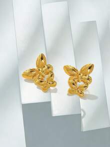 1 Pair 304 Stainless Steel Double-Layer Butterfly Earrings, European And American Style For Party, Banquet, Travel, Wedding, Holiday, Daily Wear, Mother's Day Gift - Gold - View 2