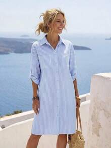 Women's Striped Roll-Tab Sleeve Front Button Shirt Dress For Vacation & Leisure - Brown - View 9