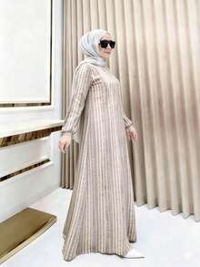 Women's Elegant Arabic Abaya, Woven Fabric, Striped Pattern, Formal Dress Suitable For Special Occasions Fall - Apricot Stripes - View 2