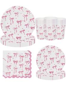 10pcs/20pcs/50pcs/80pcs Pink Bow Party Tableware Set - 9 /7 Inch Paper Dessert Plates ,Paper Cups ,Scalloped Edge Paper Napkins - Watercolor Pink Bow Heart Pattern Fancy Tableware For Coquette Bridal Shower, Princess Birthday, Tea Party Wedding Decor - Multicolor - View 3