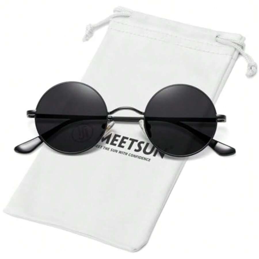 Small Round Polarized Sunglasses For Men Women Metal Retro Hippie Circle Sun Glasses Driving Festival Cosplay UV400 - 黑色/灰色 - 查看 1