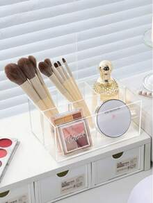 1pc Transparent 4-Grid Makeup Organizer Box, Clear Compartment Pencil Holder, Brush Pot, Cosmetic Storage Box For Bathroom, Bedroom, Travel Essentials, Organizer, Beauty - Clear - View 2