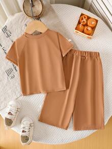 Bộ 2 món áo thun ngắn tay và quần legging kiểu dáng tối giản thường ngày cho bé gái, có nơ ruy băng, thích hợp cho mùa hè. - Cà phê nâu - Xem 2