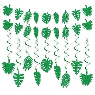 一套绿色闪光热带树叶三角旗花环，龟背竹叶和棕榈叶组合装饰，夏威夷主题派对，夏季泳池派对拍照道具，海滩婚礼生日背景，丛林风墙饰，夏威夷派对用品，热带氛围装饰