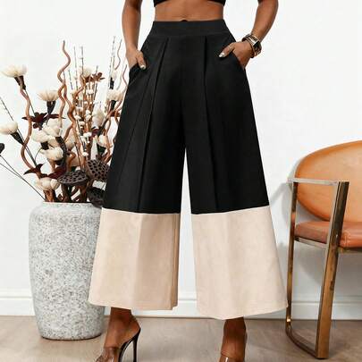 1 pezzo Pantaloni eleganti a gamba ampia con pieghe, design a blocchi di colore, tessuto non elastico, outfit primaverile alla moda e confortevole, taglie comode