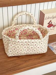 Country Style Floral Quilted Handbag Storage Basket, Large Capacity For Cosmetics, Skincare Products, And Miscellaneous Items - Multicolor - View 13