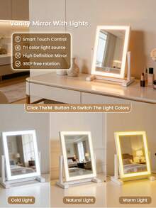 1 pieza Espejo de maquillaje LED, espejo de maquillaje portátil con 3 temperaturas de color, recargable, control táctil regulable, rotación de 360°, espejo de maquillaje de alta definición para tocador y viajes - Multicolor - Ver 3