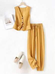 Women's Casual Linen Blazer Vest And Pants Set, Spring/Summer - Ginger - View 3