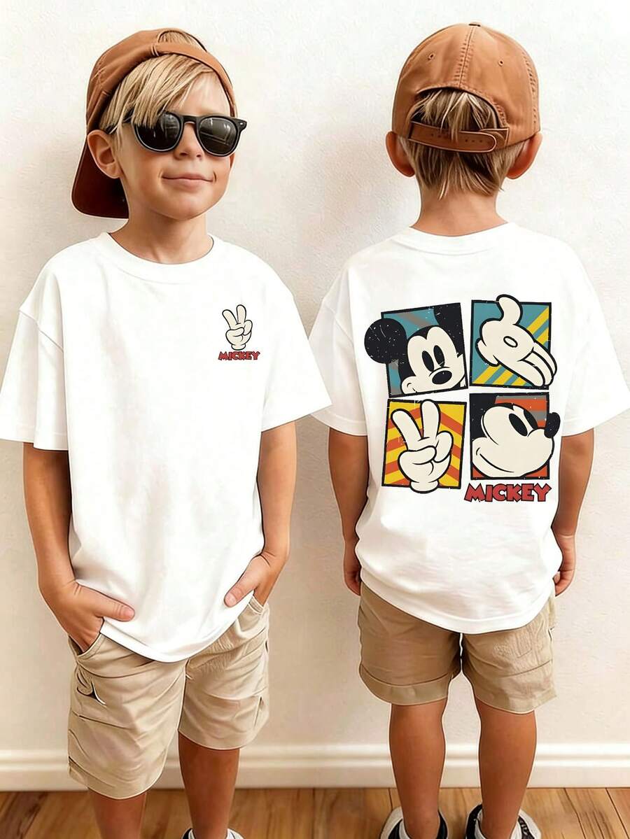 Official Authorization Disney Mickey Mouse Retro Print Kids T-Shirt, Boys Cute Cartoon Graphic Short Sleeve Tee, Summer Casual Tops For Daily Wear Theme Park Vacation, Children's Clothing Holiday Gift - 白色 - 查看 1