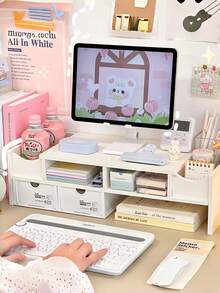 1 Piece White Multifunctional Desktop Computer Monitor Stand, Laptop Riser, Multilayer Dorm Storage Rack, Desktop Organizer Box, Desktop Computer Office Stand, Dorm Cosmetics Storage Box, Storage Cabinet - White - View 7