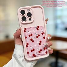 优雅别致可爱UV彩绘樱桃卡包手机壳，凸起边缘防摔设计，兼容 17、16、15、14、13以及三星S26、S25、S24、荣耀400Lite、200Pro、A5、X9、X8、X6、9X、Smart 6/7/8/9/10、14T、15T Pro - 粉紅色 卡包 - 查看 4