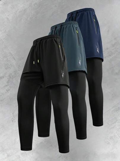 Pantalones deportivos casuales de verano para hombres 2 en 1, diseño de cintura con cordón, bolsillos con cremallera en las piernas, estampado de relámpago, adecuado para uso diario holgado