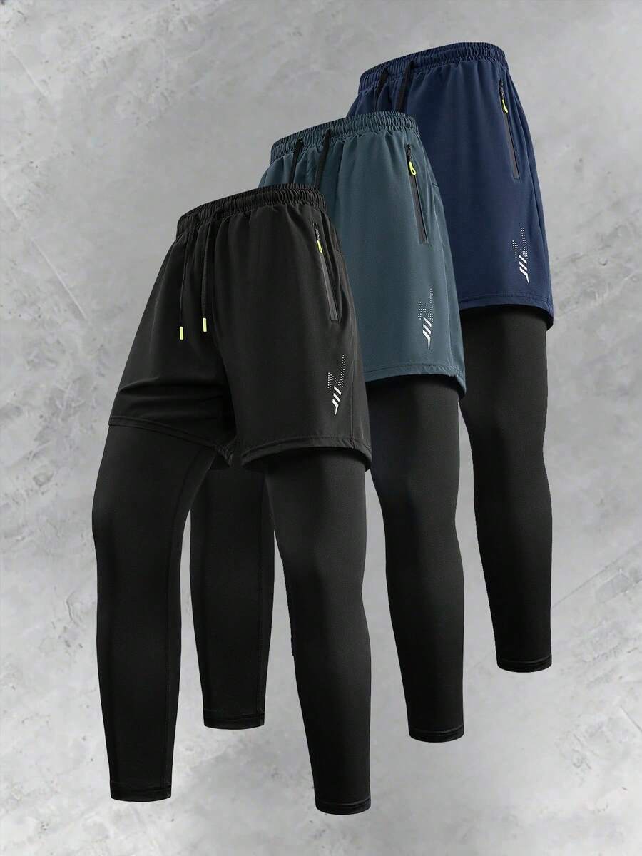 Men's Summer Casual Sports Pants 2-In-1, Drawstring Waist Design, Zipper Pockets On Legs, Lightning Print Pattern, Suitable For Loose Daily Wear - Black - View 1