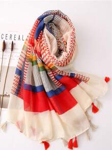 1pc Lightweight Printed Scarf With Tassels, Elegant Design Fashion Shawl For Women, Breathable Chiffon Scarves For Spring/Summer, Versatile Headscarf, Beach Wrap, Sun Protection,Holiday,Travel Essential,Holiday - Red - View 4