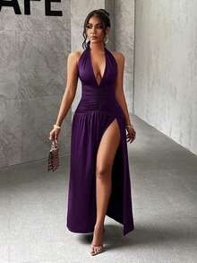 Elegant Romantic Sexy Party Deep V-Neck Halter Split Hem A-Line Long Dress,White Graduation Dress - 紫色 - 查看 3