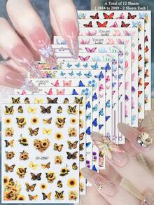 3/6/12件套复古蝴蝶花朵美甲贴纸套装，优雅美甲设计转印贴纸 - 彩色 - 查看 17