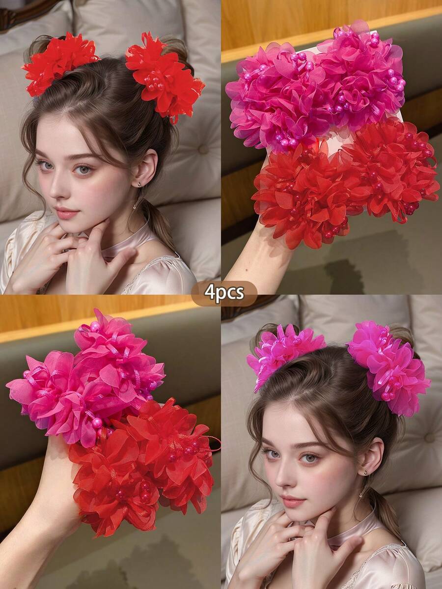 4pcs Cute Flower Hair Scrunchies, Suitable For Daily Use And Performances - Multicolor - View 1