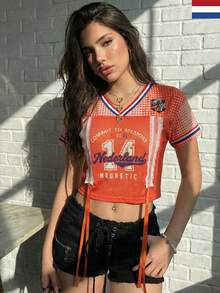 Women's Summer/Spring Casual Sheer Mesh V-Neck Lace Patchwork Drawstring Cropped T-Shirt, All-Over National Flag Print, Blokette Blokecore Style, Breathable & Cool, Summer/Spring Clothing, Summer/Spring Tops, Summer/Spring Apparel, Outdoor Wear, Sports Fashion, Match Day Essential, Football Game Attire, Women's Summer Tops - Orange - View 4