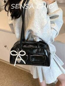 新款经典百搭纯色PU防水材质女士手提包，串珠蝴蝶结装饰设计，大容量单肩包，贝壳包，女士钱包，适合购物、工作、旅行等场合，时尚蝴蝶结女士钱包，日系街头风女士包 - 黑色 - 查看 8