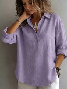 Women'S Elegant And Comfortable Loose Solid Color Long-Sleeve Shirt For Spring And Autumn. A Relaxed Style With A Collar And Half-Button Placket, Perfect For Casual Wear. This Versatile Top Is Suitable For Both Office And Leisure Time - 粉色 - 查看 5