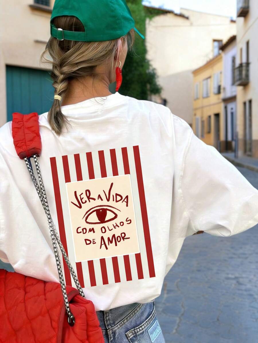 Summer New Minimalist Striped Eye Print Casual Round Neck White Short Sleeve T-Shirt, Fashionable & Versatile Women Top - White - View 1