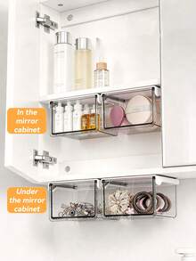 1pc Transparent Cosmetics Storage Box, Makeup Organizer, Hidden Mirror Cabinet Drawer Box, Multifunctional Bathroom Vanity Storage Box For Skincare, Q-Tip, Makeup Pad, Powder Puff, Makeup Spongem Jewelry, Lipstick, Hair Accessories - View 2