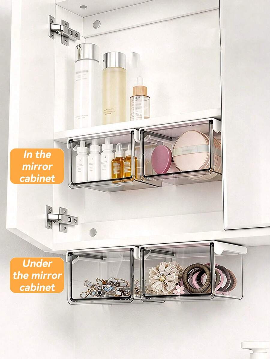 1pc Transparent Cosmetics Storage Box, Makeup Organizer, Hidden Mirror Cabinet Drawer Box, Multifunctional Bathroom Vanity Storage Box For Skincare, Q-Tip, Makeup Pad, Powder Puff, Makeup Spongem Jewelry, Lipstick, Hair Accessories