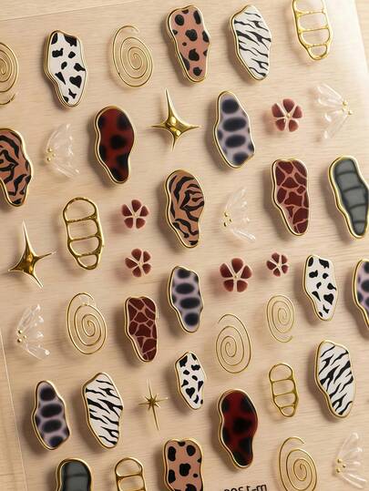 1pc French Leopard Print Colorful Gold Jelly Butterfly Wing Asymmetrical Geometric Nail Sticker, 5D Nail Art Sticker, & Charming, Suitable For Women's Unique DIY Manicure Nail Supplies Nails Nail Stickers