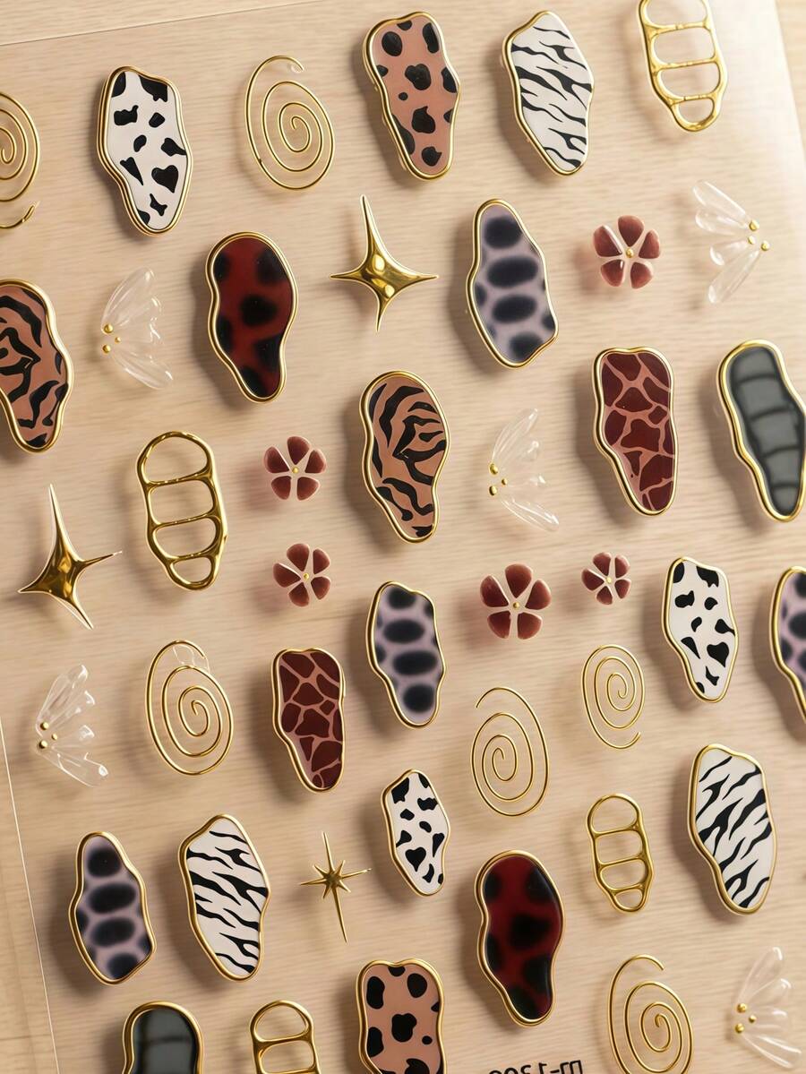 1片法式豹纹彩色金色果冻蝴蝶翅膀不对称几何美甲贴纸，5D美甲贴纸，魅力十足，适合女性独特DIY美甲用品。 - 彩色 - 查看 1