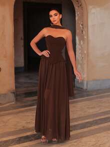 Faeriesty 优雅的无肩带晚礼服，精致的腰部设计，飘逸的薄纱裙摆，以及露背设计——是正式婚礼、新娘写真、浪漫周年庆典、盛大晚宴、红毯活动以及春季派对的理想之选。 - 棕色 - 查看 4