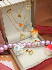 3pcs Stainless Steel Jewelry Set For Women, Heart Pendant Layered Necklace & Earrings, Perfect Gift For Birthday, Party, Vacation, Wedding, Mother's Day - Multicolor - View 7