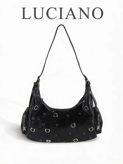 Túi đeo nách thiết kế tối giản độc đáo, túi xách phong cách xe máy Mỹ cổ điển, túi hình lưỡi liềm đa năng tiện dụng, 1 chiếc túi đeo vai màu đen, túi tote cỡ trung xách tay, khóa kéo, chất liệu da PU chống mài mòn, túi xe máy nhiều ngăn, phù hợp mọi mùa, thích hợp cho đi làm hàng ngày, dạo phố và phối cùng những bộ trang phục cá tính cho phái nữ.