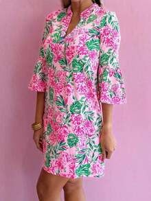 Women Floral Pattern 3/4 Sleeve Midi Dress Spring Vacation Elegant - 彩色 - 查看 1
