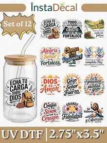 12张西班牙语圣经经文UV DTF贴纸（2.75x3.5英寸），基督教狮子牧羊人语录贴纸，适用于咖啡杯、陶瓷杯、笔记本电脑，DIY宗教礼物 - SP-MEN 02 - 查看 1