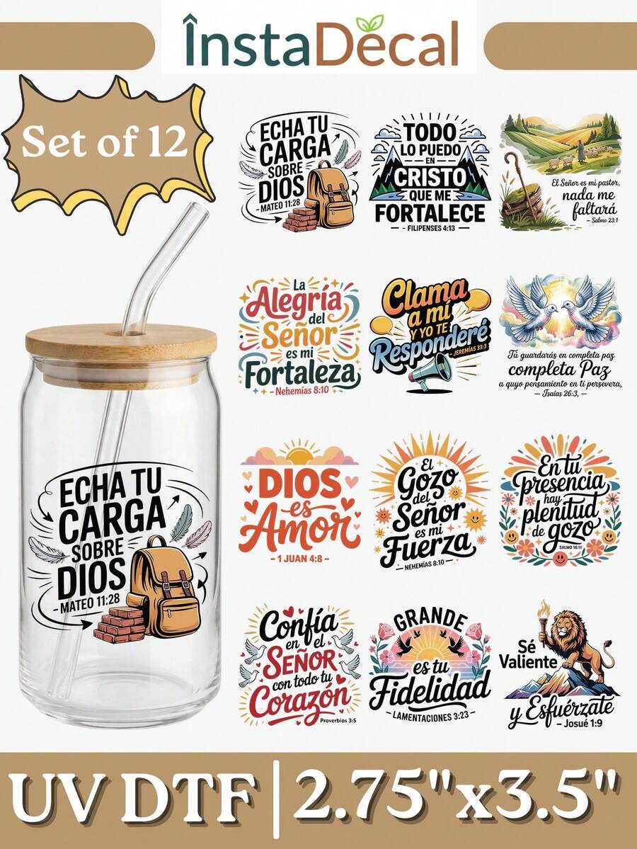 12张西班牙语圣经经文UV DTF贴纸（2.75x3.5英寸），基督教狮子牧羊人语录贴纸，适用于咖啡杯、陶瓷杯、笔记本电脑，DIY宗教礼物 - SP-MEN 02 - 查看 1