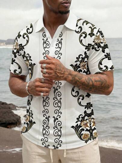 Áo polo nam tay ngắn in họa tiết retro, thích hợp mặc hàng ngày và đi nghỉ mát.